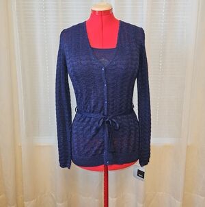 Massimo Night Fall Blue Metallic Tank & Button-Front Cardigan with Waist Tie